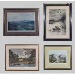 Four framed prints including a coloured etching Trinity Hall and a black and white print by W H