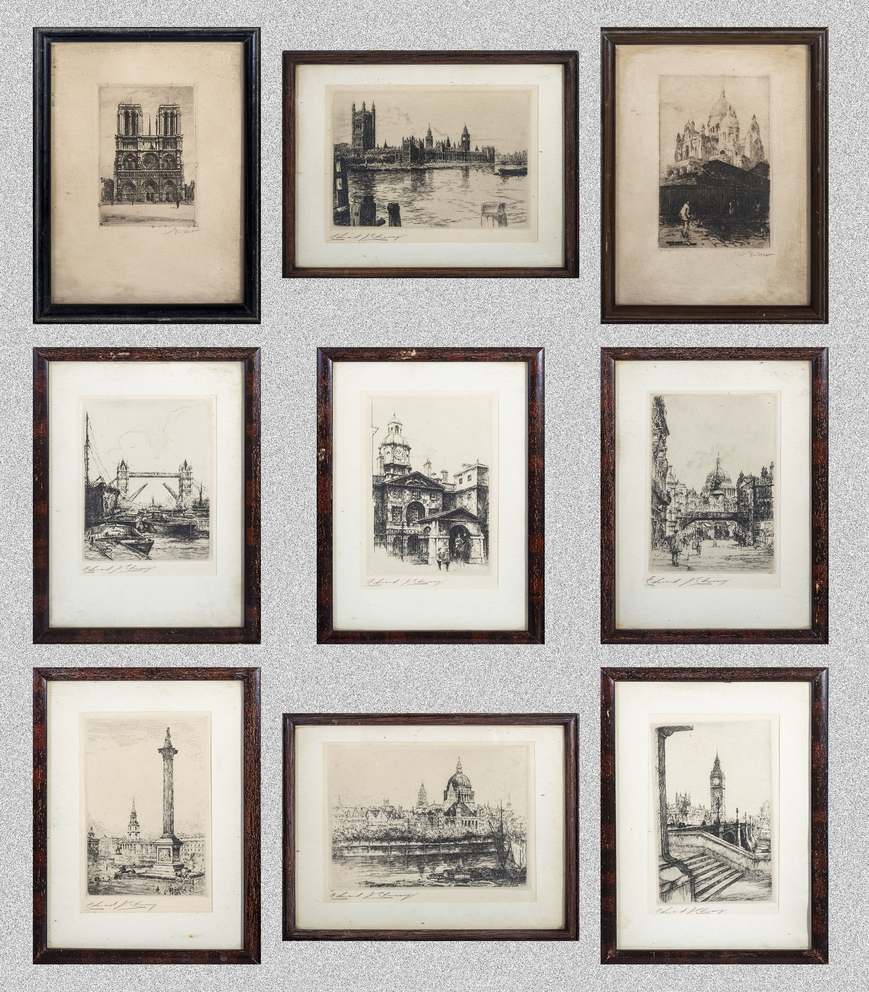 Nine small framed etchings of London and Edinburgh