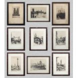 Nine small framed etchings of London and Edinburgh