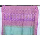 An embroidered green and lilac vintage silk sari, size 5.16mtr x 110cm