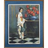 A framed print depicting a Japanese lady
