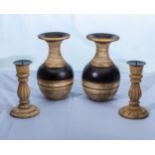 Two art pottery vases and candlesticks