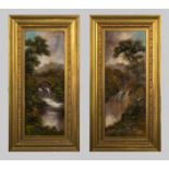 A pair of gilt framed oleographs on board depicting waterfall scenes, 117cm x 61cm