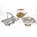 A silver plated basket, bowl and a brass kettle