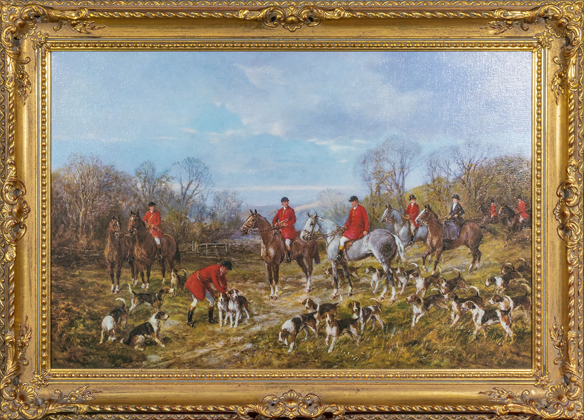 A large gilt framed print of a hunting scene, 64cm x 92cm