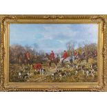 A large gilt framed print of a hunting scene, 64cm x 92cm
