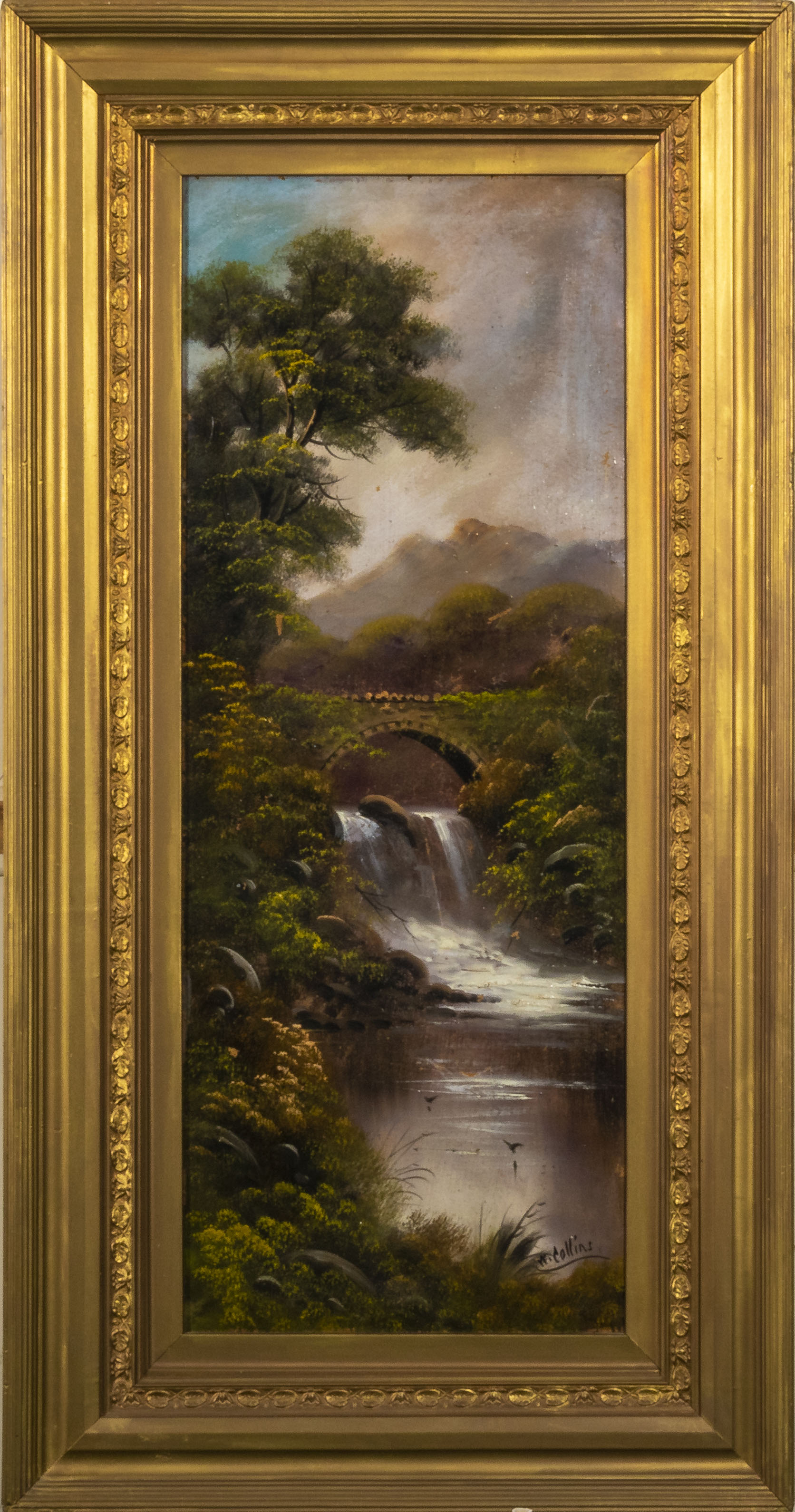 A pair of gilt framed oleographs on board depicting waterfall scenes, 117cm x 61cm - Image 3 of 3