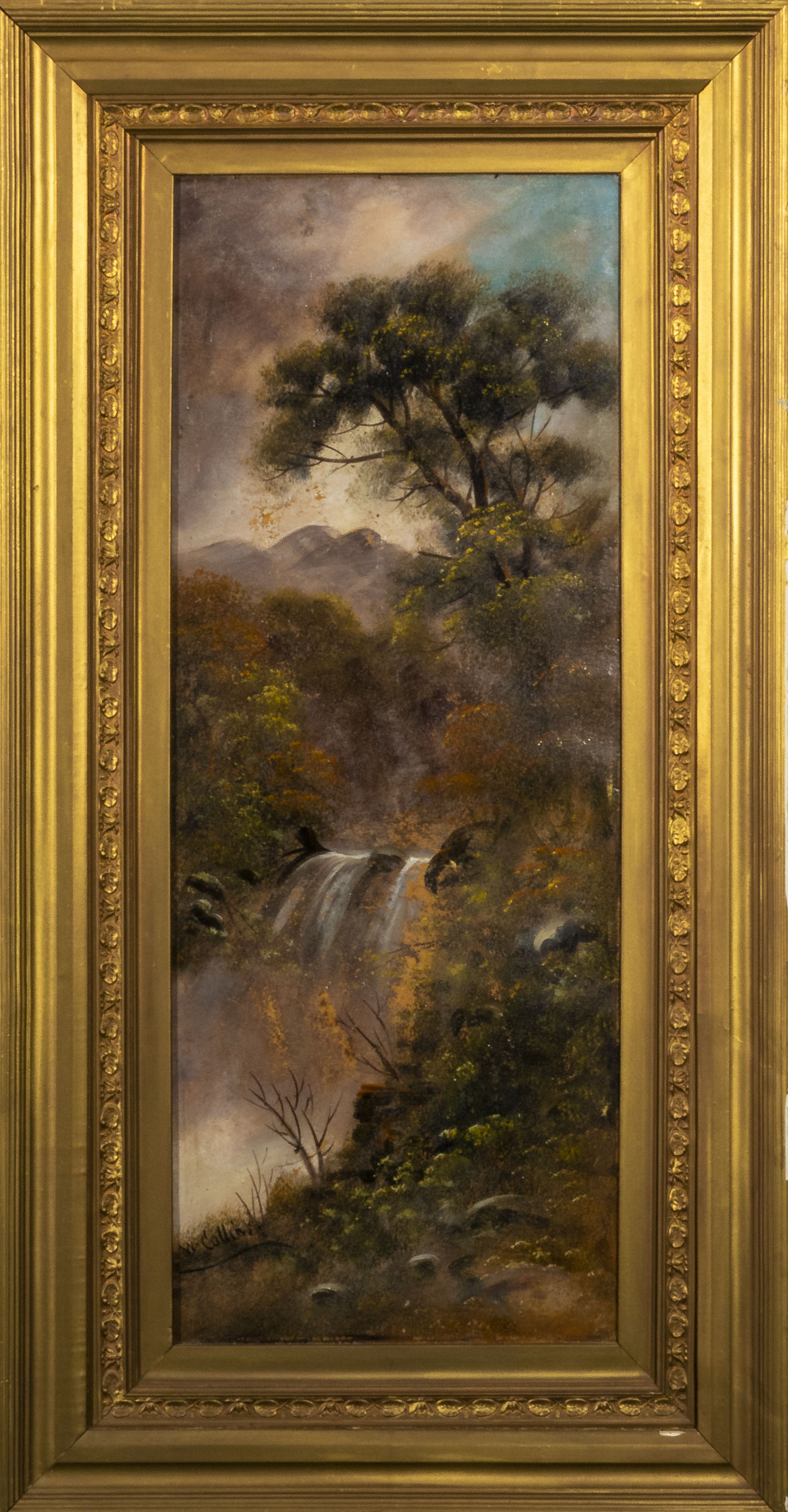 A pair of gilt framed oleographs on board depicting waterfall scenes, 117cm x 61cm - Image 2 of 3