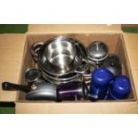 A box of saucepans, cafetière and flasks