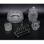 Four pieces of glass and a toast rack