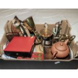 A box of assorted metal ware and pottery