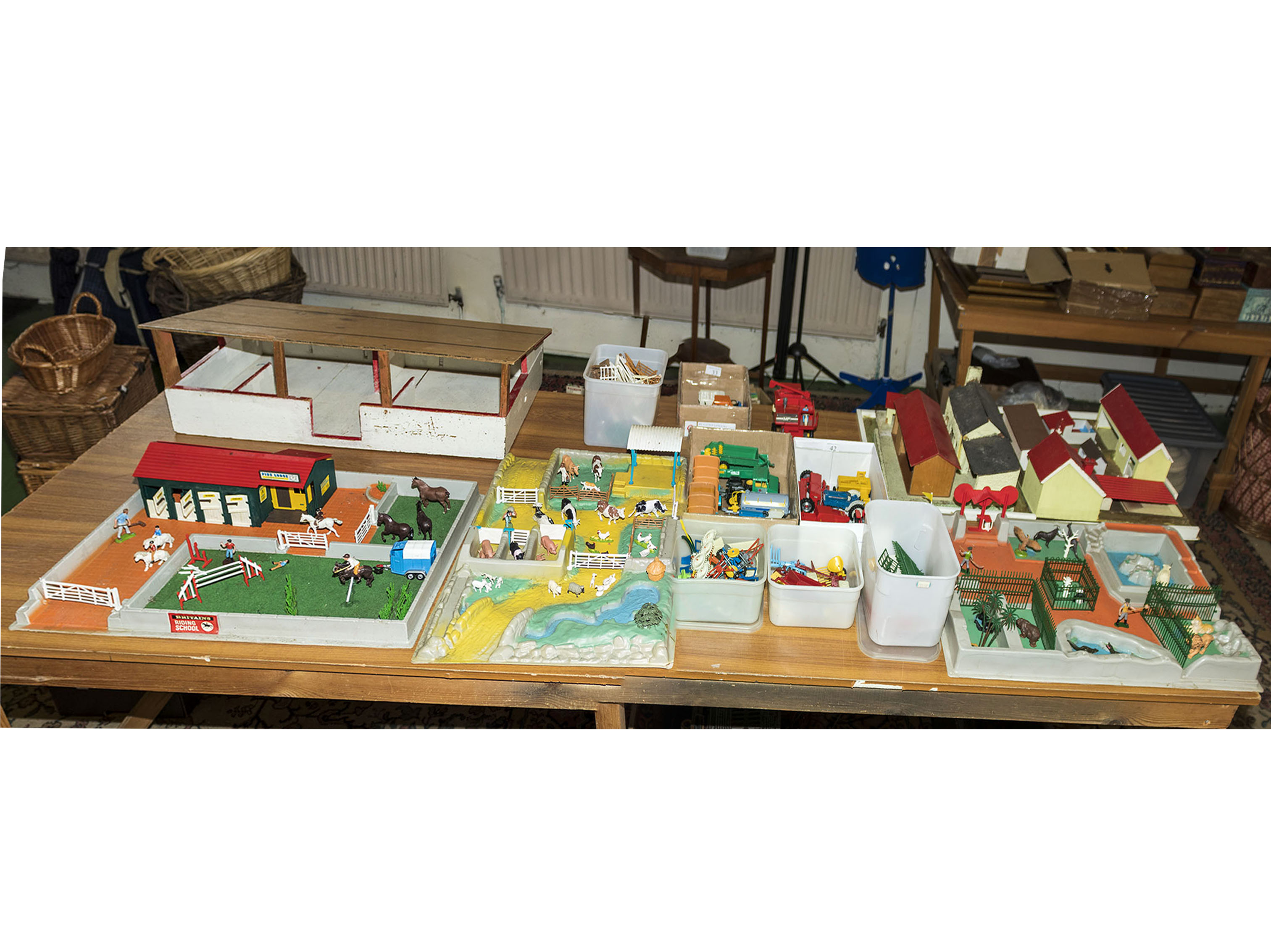 Britains model Zoo, Riding School and Farmyard including bases, buildings, animals and farm