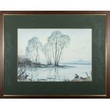 A framed limited print of a lake scene, D Mitchell #24/500. 50cm x 63cm