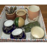 A box of assorted pottery, spoons and other items