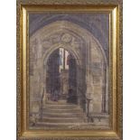 A gilt framed oil on canvas depicting a church doorway, 41cm x 31cm