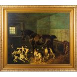 A gilt framed print titled Horse and Dogs in Stable by J F Herring Sen. 63cm x 73cm