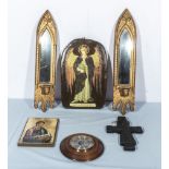 A pair of gilt wood wall sconces together with religious icons