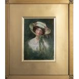 A gilt framed oil on canvas depicting a lady wearing a hat, image side 18cm x13cm. Monogram