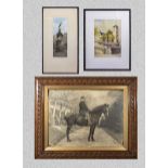 An oak framed photograph of Jed Murray 1899 together with two framed prints of the Hawick Horse
