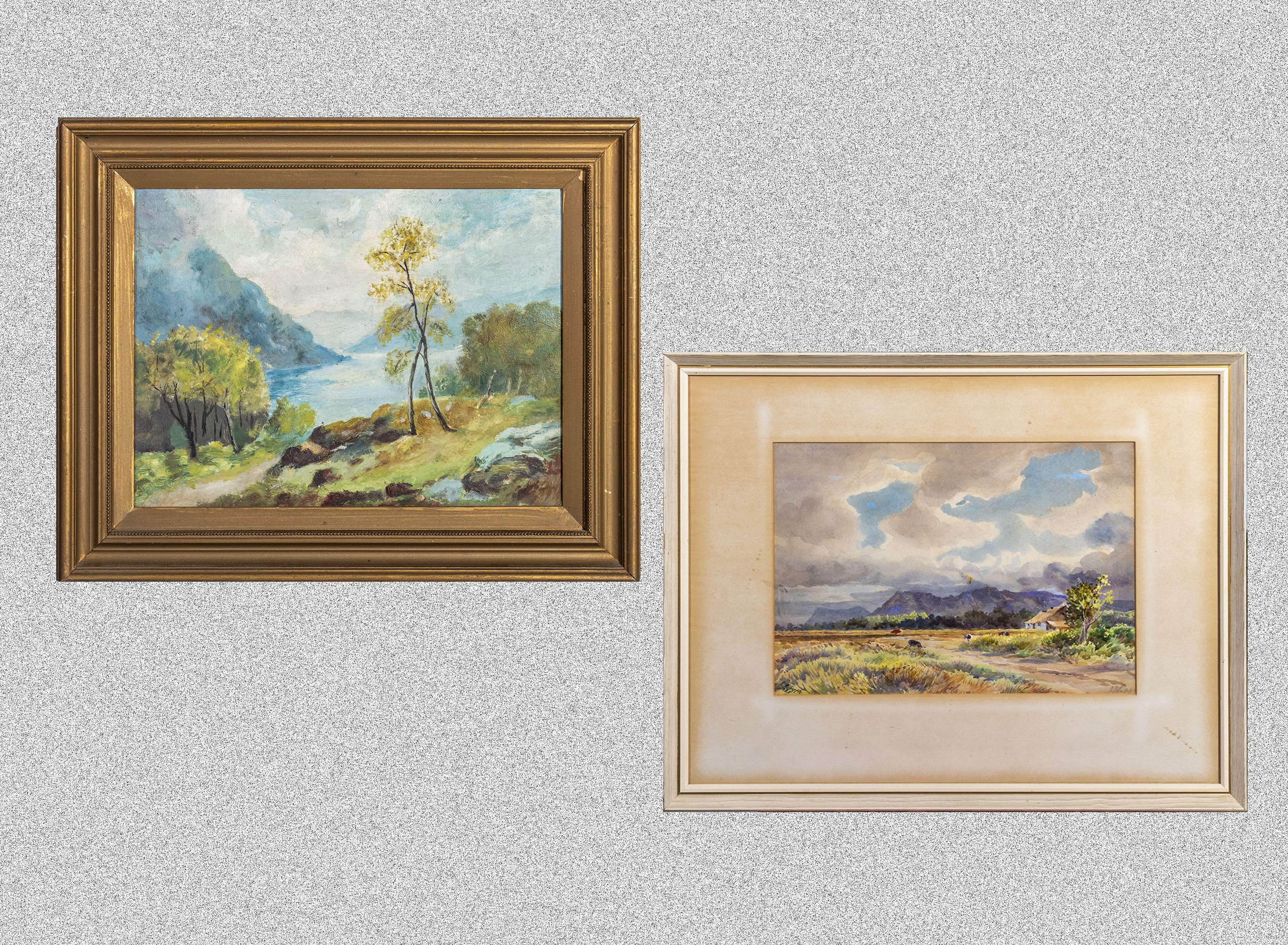 Gilt framed oil on board of a loch scene, 32cm x 40cm together with A framed watercolour depicting a