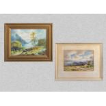 Gilt framed oil on board of a loch scene, 32cm x 40cm together with A framed watercolour depicting a