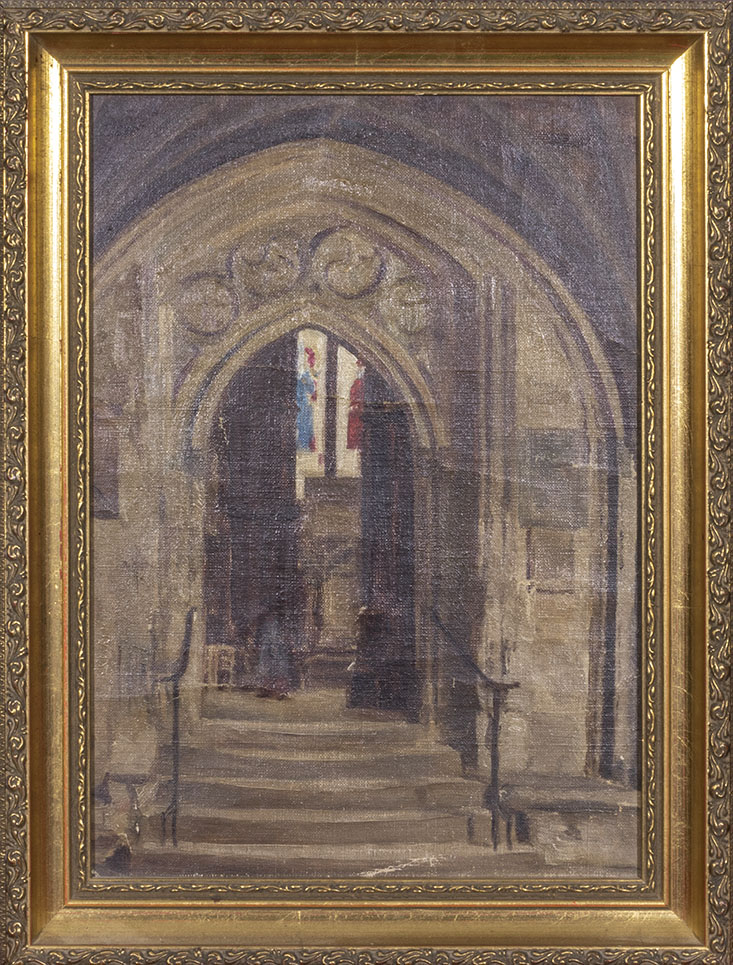 A gilt framed oil on canvas depicting a church doorway, 41cm x 31cm