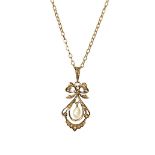 A 9ct gold pendant set with a natural pearl and seed pearls together with a 9ct gold chain length
