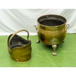 A brass log bucket and a brass coal bucket