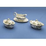 Two small vintage tureens and ladles together with sauce boat and saucer
