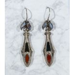 A pair of white metal earrings set with agate, onyx and amber