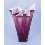 A large Murano handkerchief vase, purple with white interior, 37cm tall