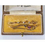 A 9ct gold brooch set with an amethyst and seed pearls together with one other