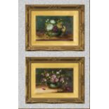A pair of gilt framed still life oil on board one signed K.G.J. Overall size 36cm x 46cm