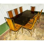 Late 20th century lacquered brass and smoked glass dining table and eight chairs