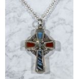 A silver Celtic cross and chain set with agate