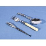 A silver spoon, fork and a boot hook