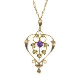 A 9ct gold pendant set with an amethyst and seed pearls with 9ct gold chain length 42cm, 4.6gms