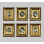 Six small gilt framed original engravings of Victorian characters from books, 21cm x 19cm
