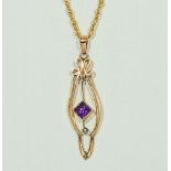A 9ct gold pendant set with an amethyst and seed pearl, with 9ct gold chain length 44cm, 3.3gms