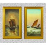 A pair of gilt framed oil on board depicting sailing ships overall size 46cm x 28cm indistinct