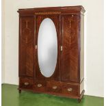 Edwardian inlaid mahogany double wardrobe, with glass panel door and two drawers, 152cm wide x 206cm