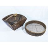 A vintage wooden French trug and a garden sieve