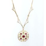 A 9ct gold pendant set with a garnet, amethysts and seed pearls, with detailed 9ct gold chain length