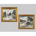 Two large gilt framed fabric paintings depicting Japanese river scenes 60cm x 65cm