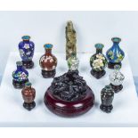 A wax pot, small cloisonné vases and a soapstone figure