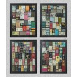 Four framed vintage match box covers