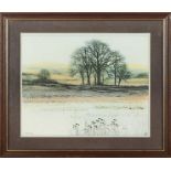 A framed print of a rural scene