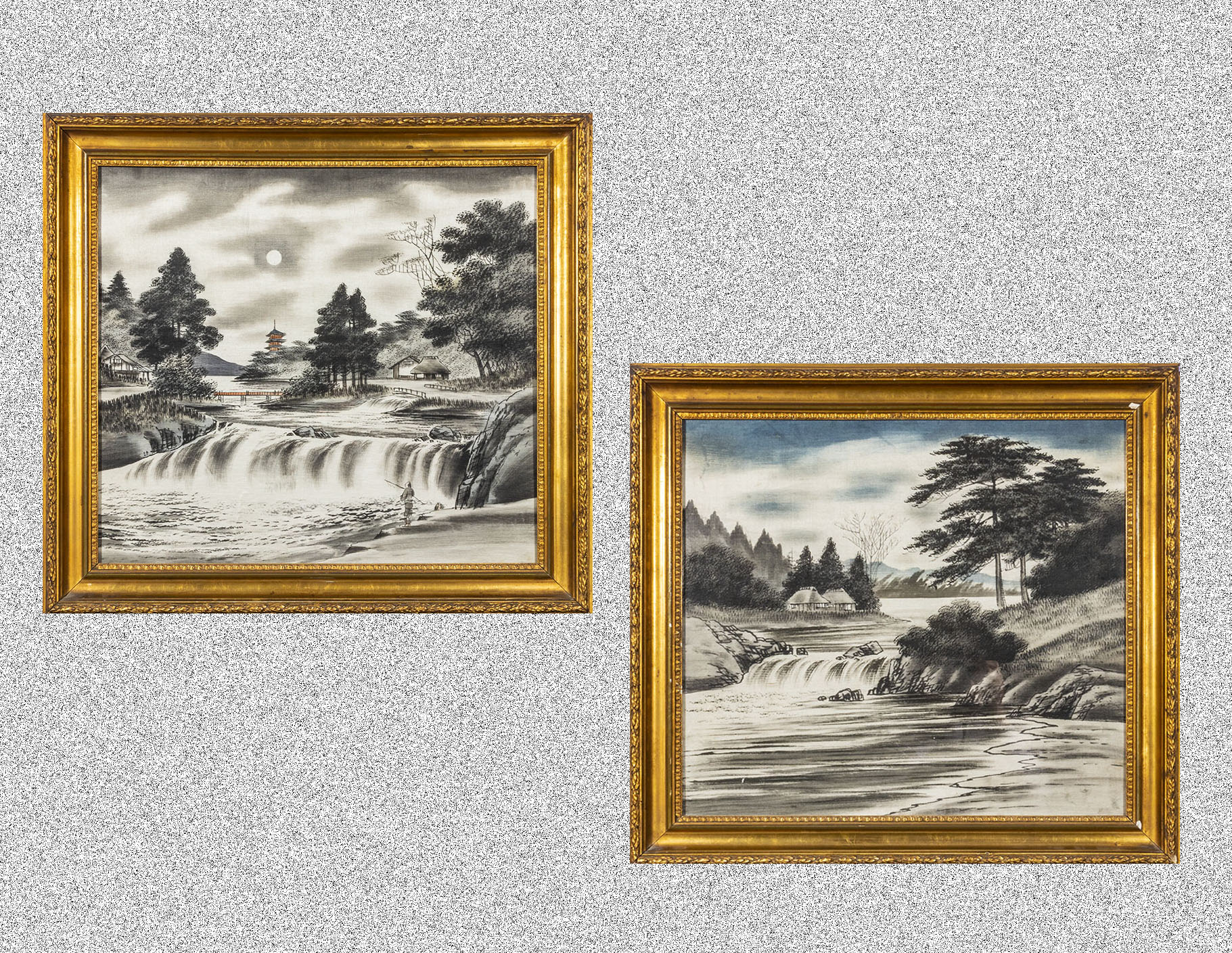 Two framed Oriental prints on fabric