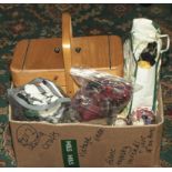 A box containing craft items, fabrics, buttons etc.