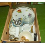 A box of assorted pottery and glass tableware